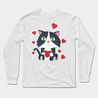 Tuxedo Cat with Hearts Hand Drawn Design Long Sleeve T-Shirt